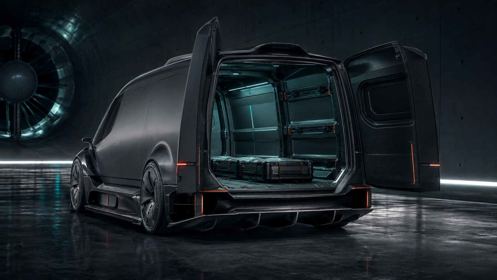 Rear doors open on the QL-X Aerofreight, showing a flat restrained cargo floor, structural side rails, modular cases and teal task lighting.