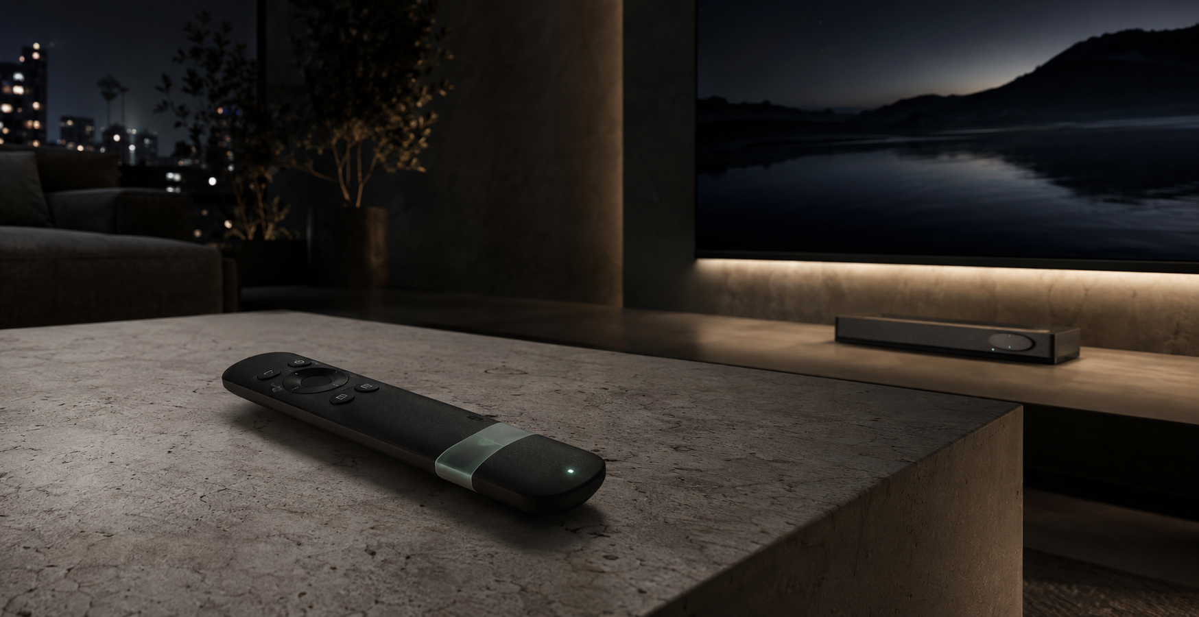 Concept visual of the Ethereal Remote resting on a stone table in a dark living room, a small green marker light glowing near its base
