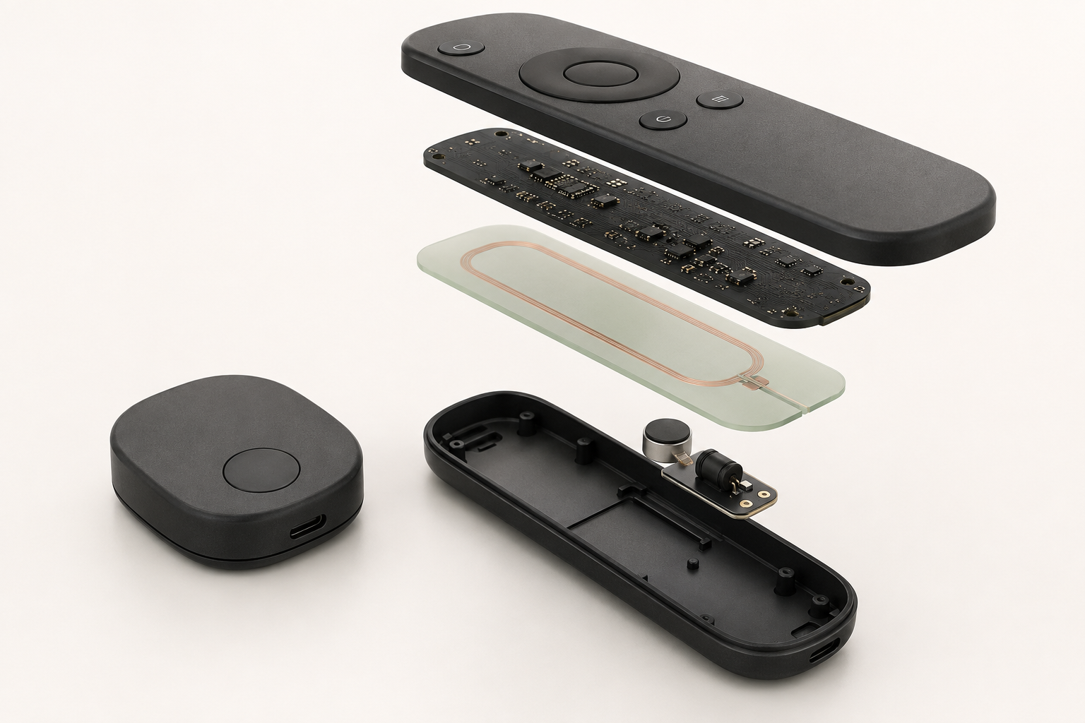 Exploded concept view of the remote showing outer shell, circuit board, harvesting antenna coil and lower housing with sounder, alongside the USB-powered base unit