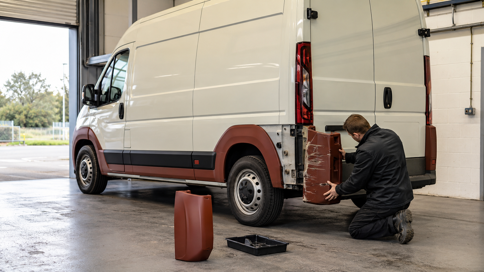 Technician replacing a damaged rear corner module on a working van