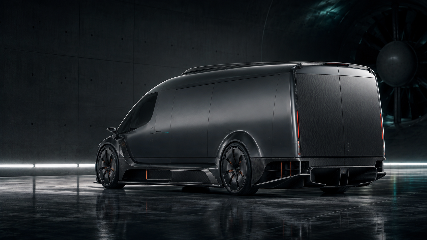 Rear three-quarter view of the QL-X Aerofreight showing split cargo doors integrated into the body surface above a deep diffuser and venturi exits.