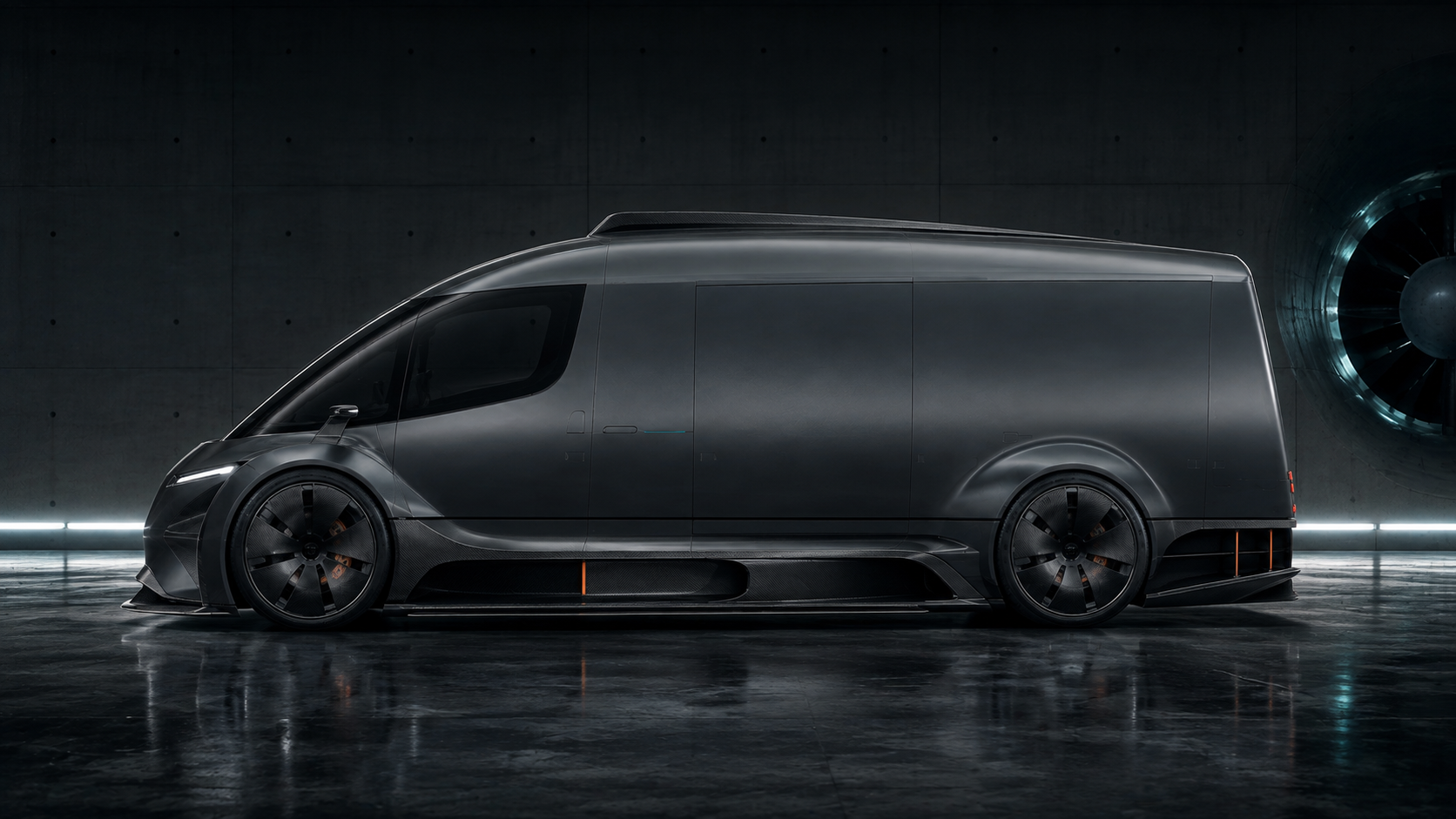 Side elevation of the QL-X Aerofreight: long cargo volume, low roof spine, wheels at the extreme corners and ground-effect tunnels along the sill.