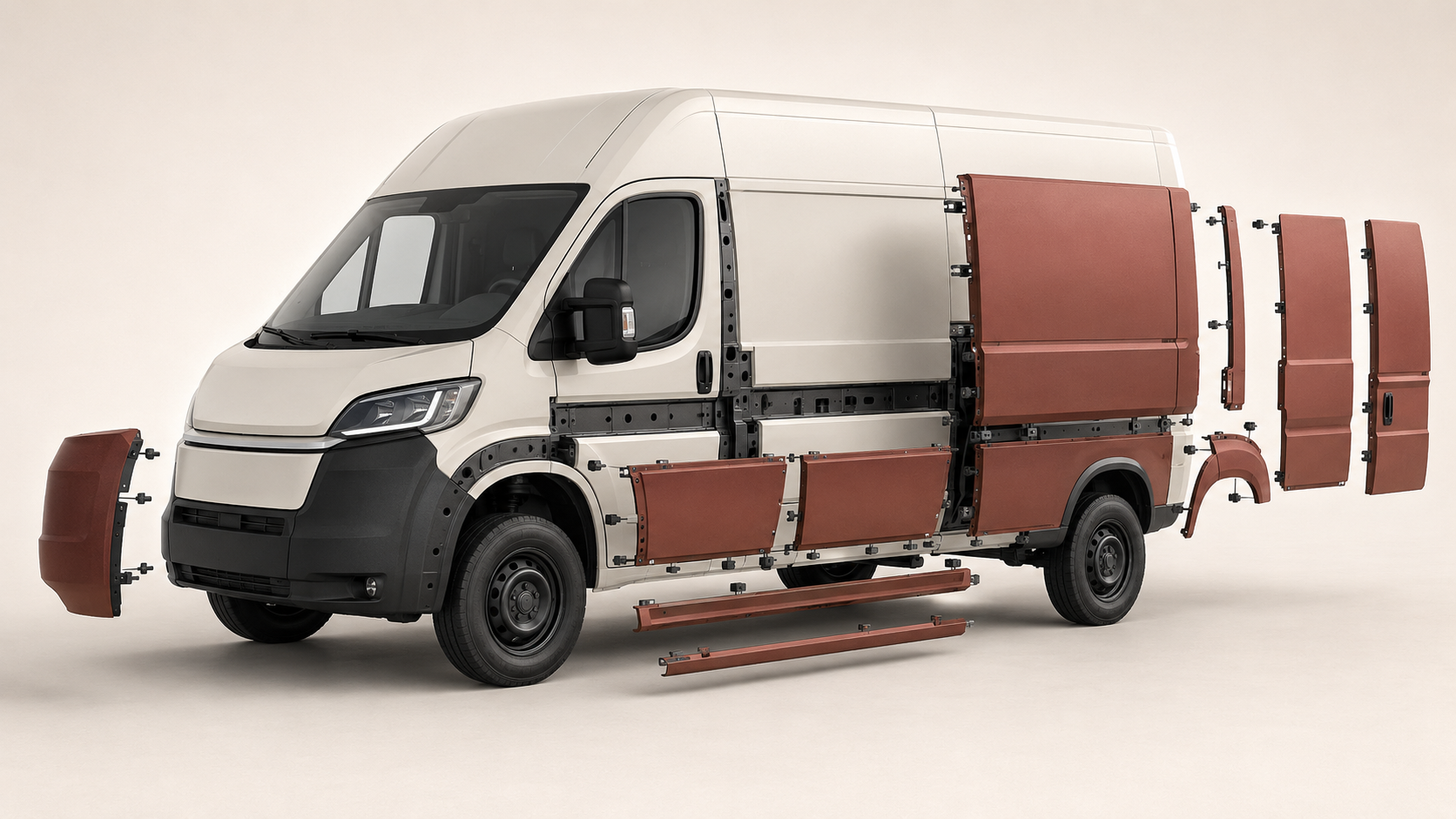 Exploded view showing replaceable ReSkin panels separated from the structural van body