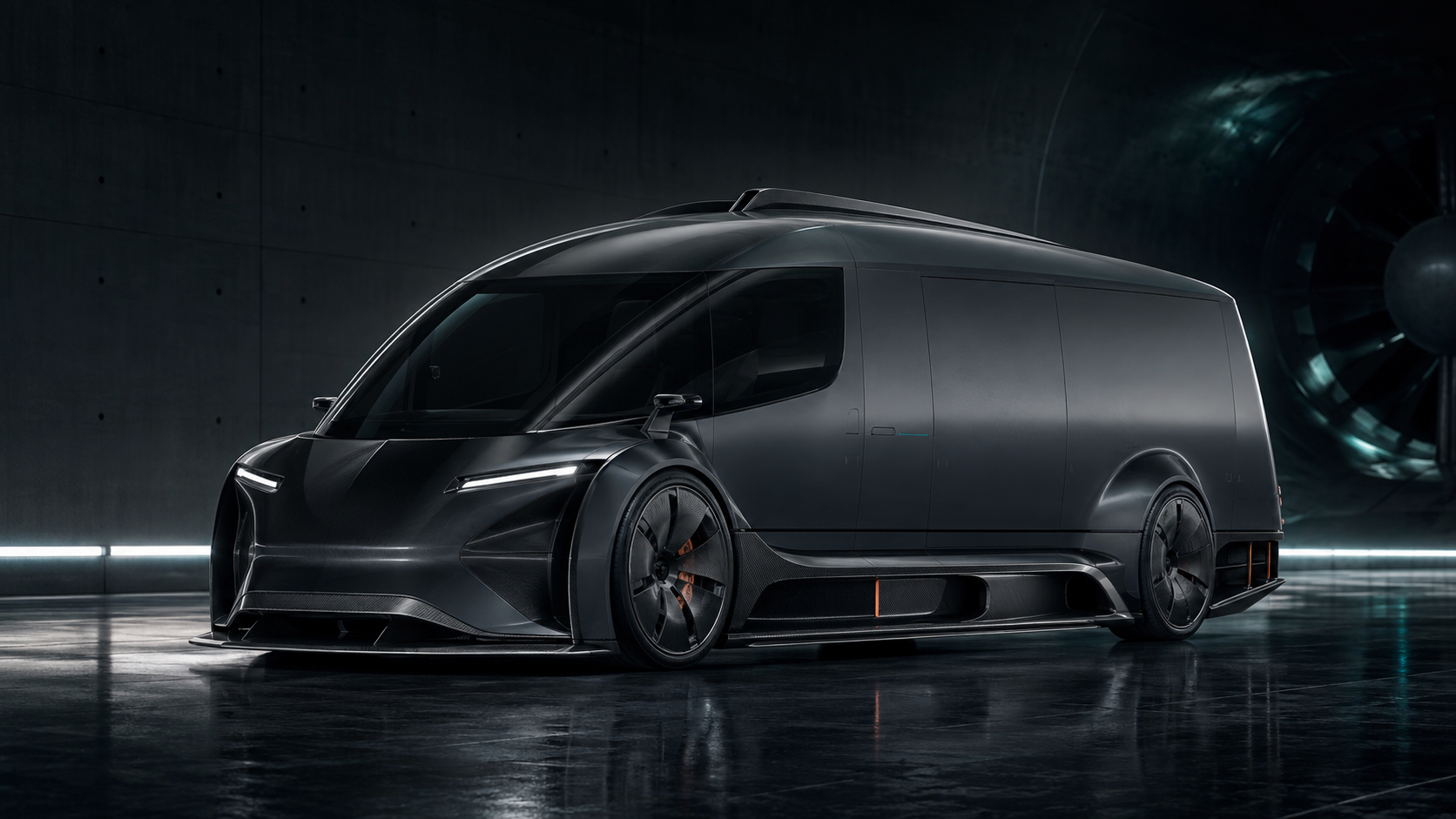 QL-X Aerofreight design study: an extremely low, wide electric van concept with a single canopy, enclosed rear wheels and a deep rear diffuser, lit in near darkness.