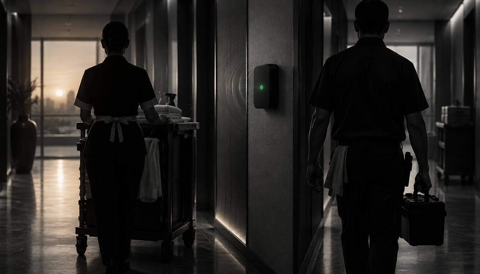 Two workers passing in a dim corridor at shift change; a concept visual, not working hardware.