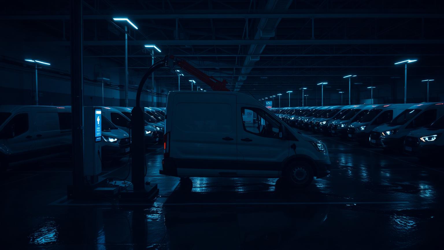 Robotic charging arm connecting to an electric van in a dark depot lit by cyan light