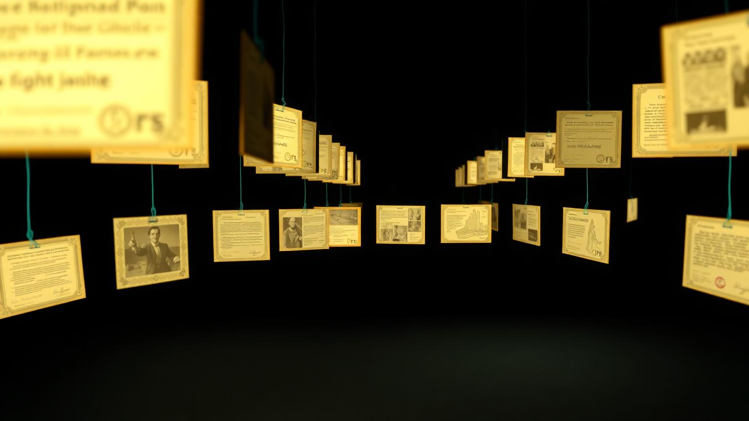 A long timeline of glowing document and photograph cards connected by fine threads receding into darkness
