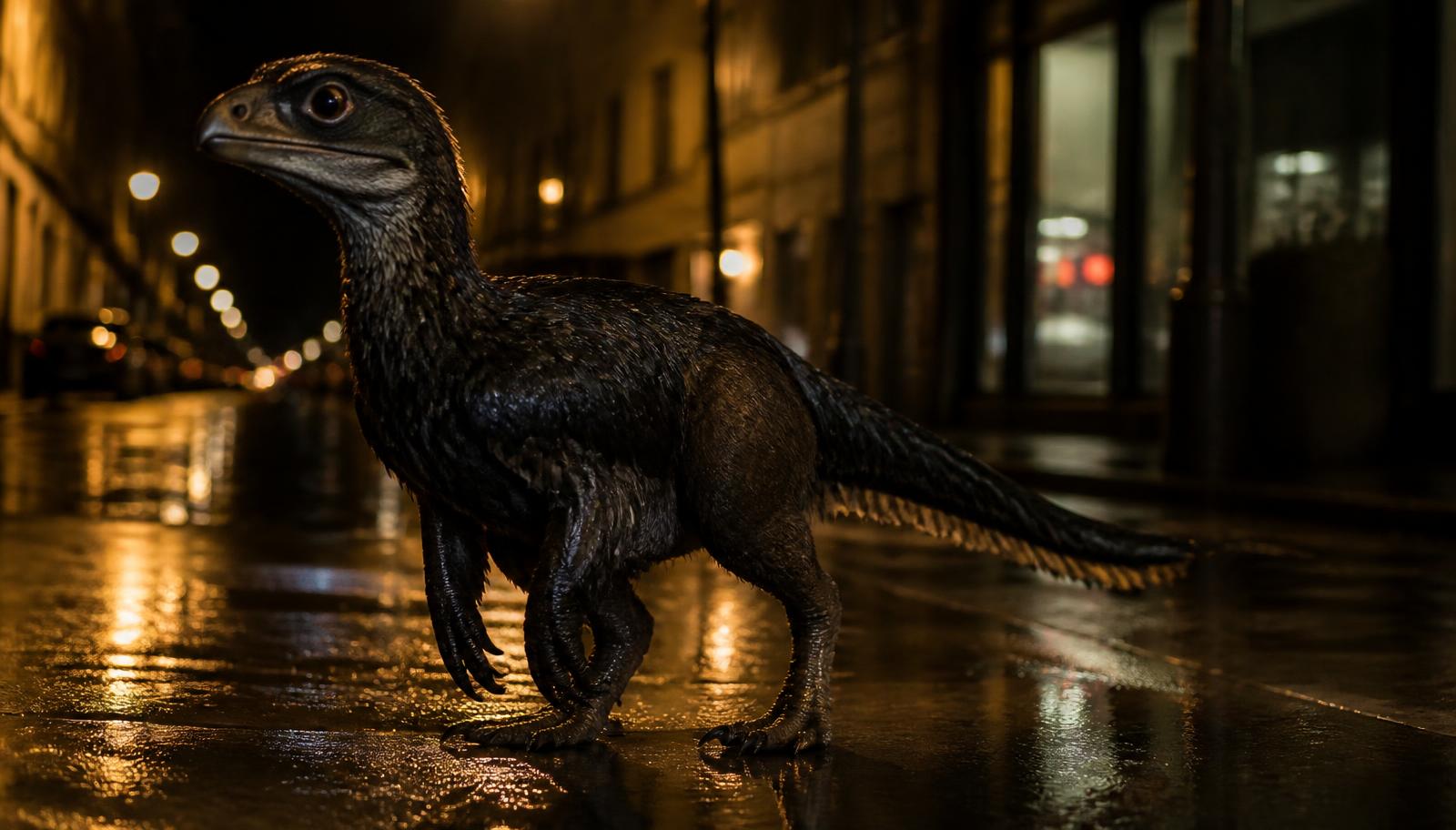 Concept image of a fox-sized feathered raptor standing on a wet city street at night under sodium lighting