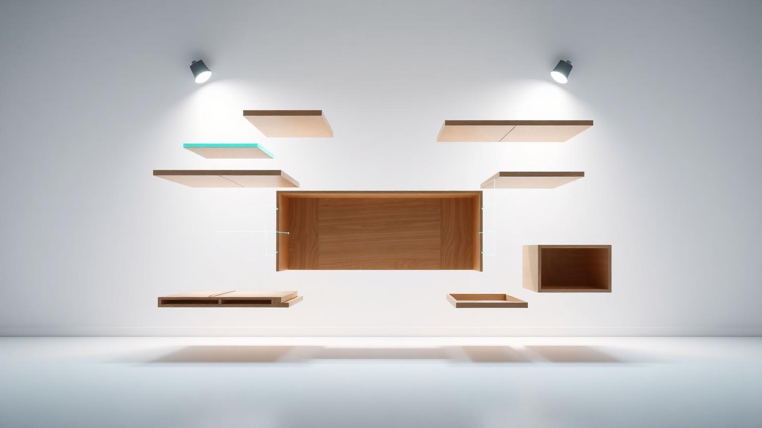 Flat-pack furniture panels floating in exploded assembly view with glowing identification outlines