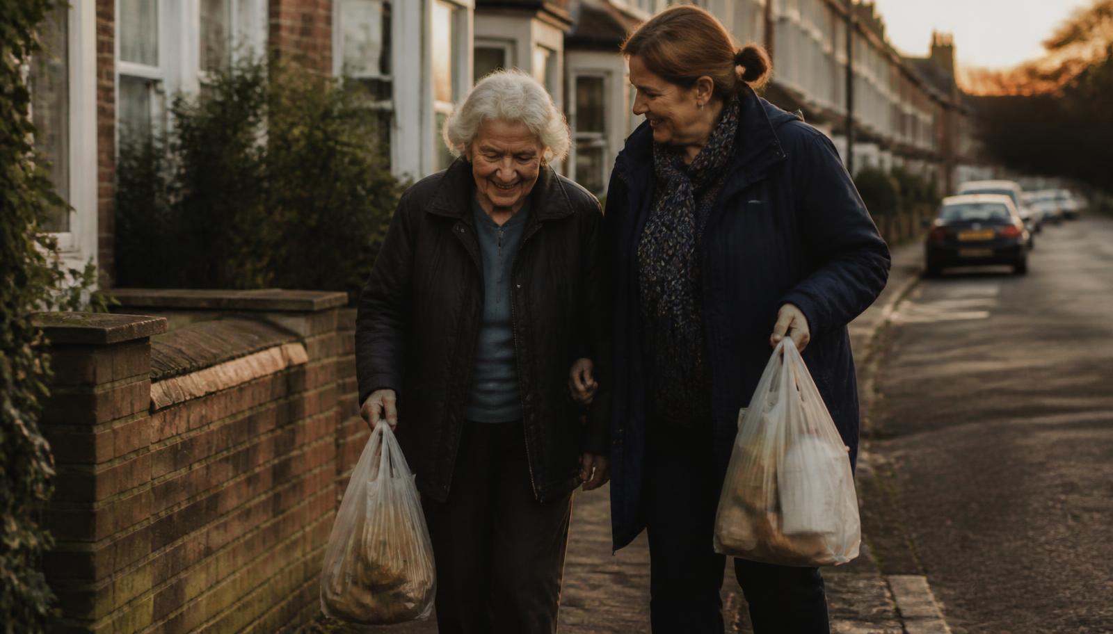 Two neighbours walking home together carrying shopping in warm evening light