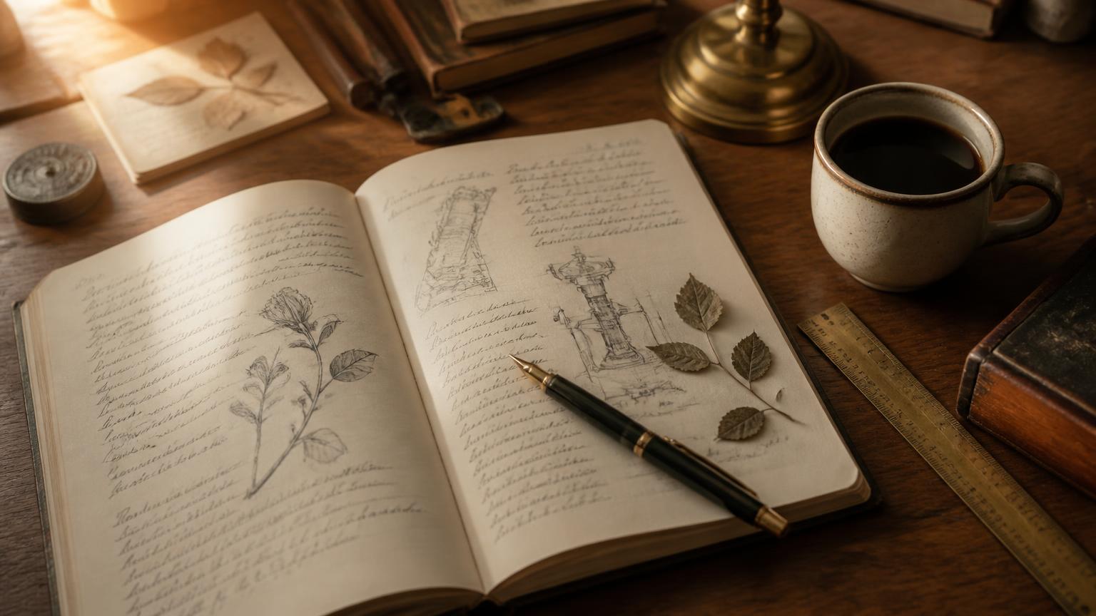A wooden desk in morning light with an open notebook, fountain pen, pressed leaves, sketches and a cup of coffee