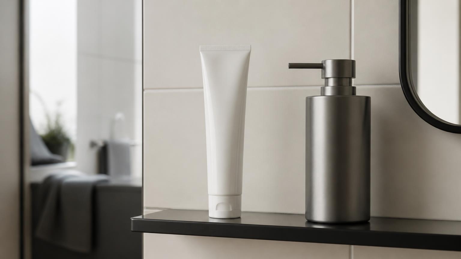 A plain unbranded toothpaste tube standing beside a permanent metal dispenser on a bathroom shelf