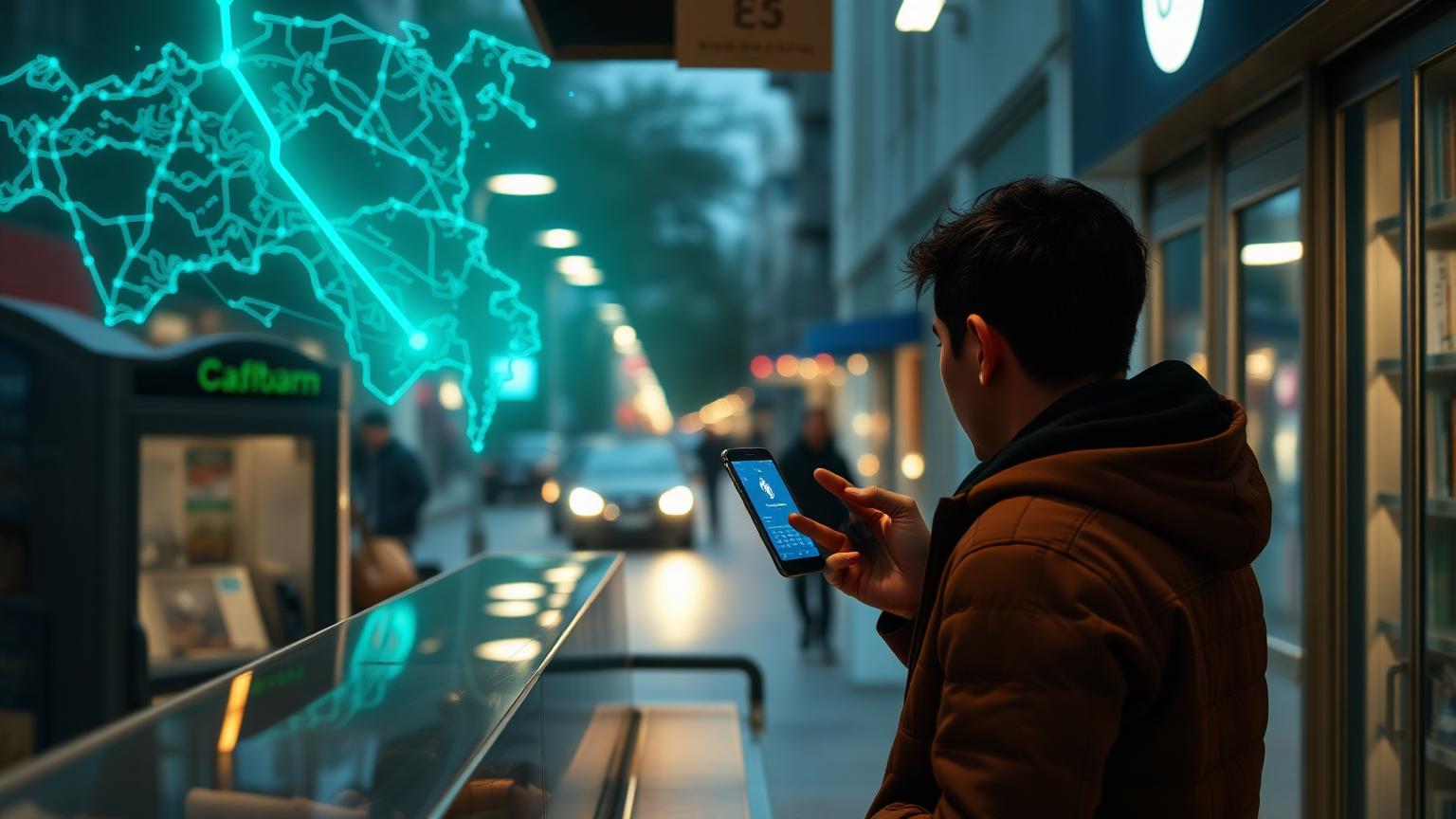 Person at a shop counter whose phone payment has failed, with a glowing map pointing to nearby cash access