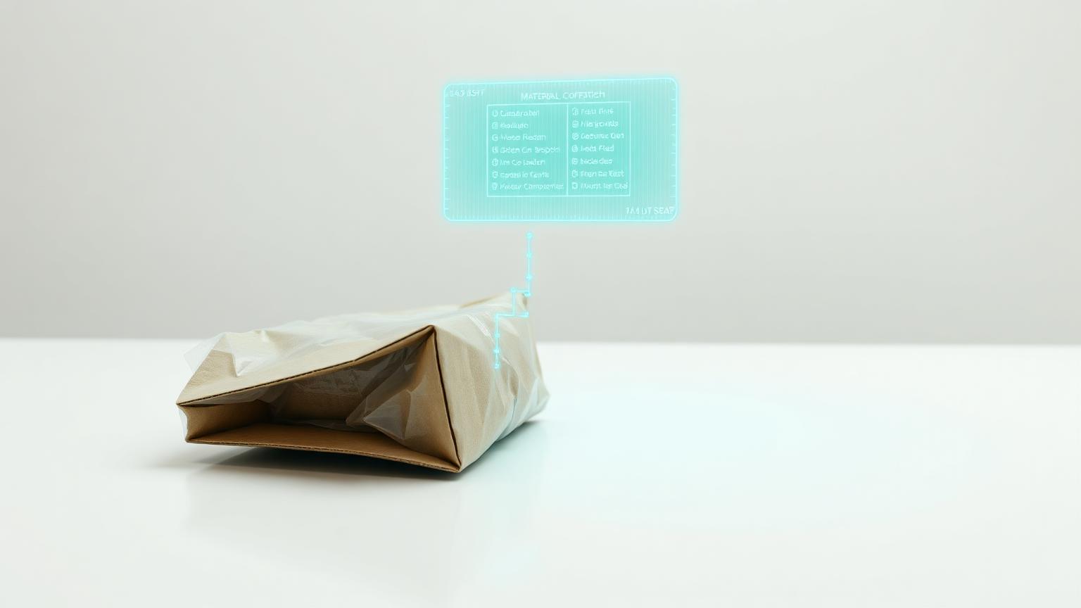 Packaging item on a white laboratory bench being scanned, with a glowing material composition diagram above it