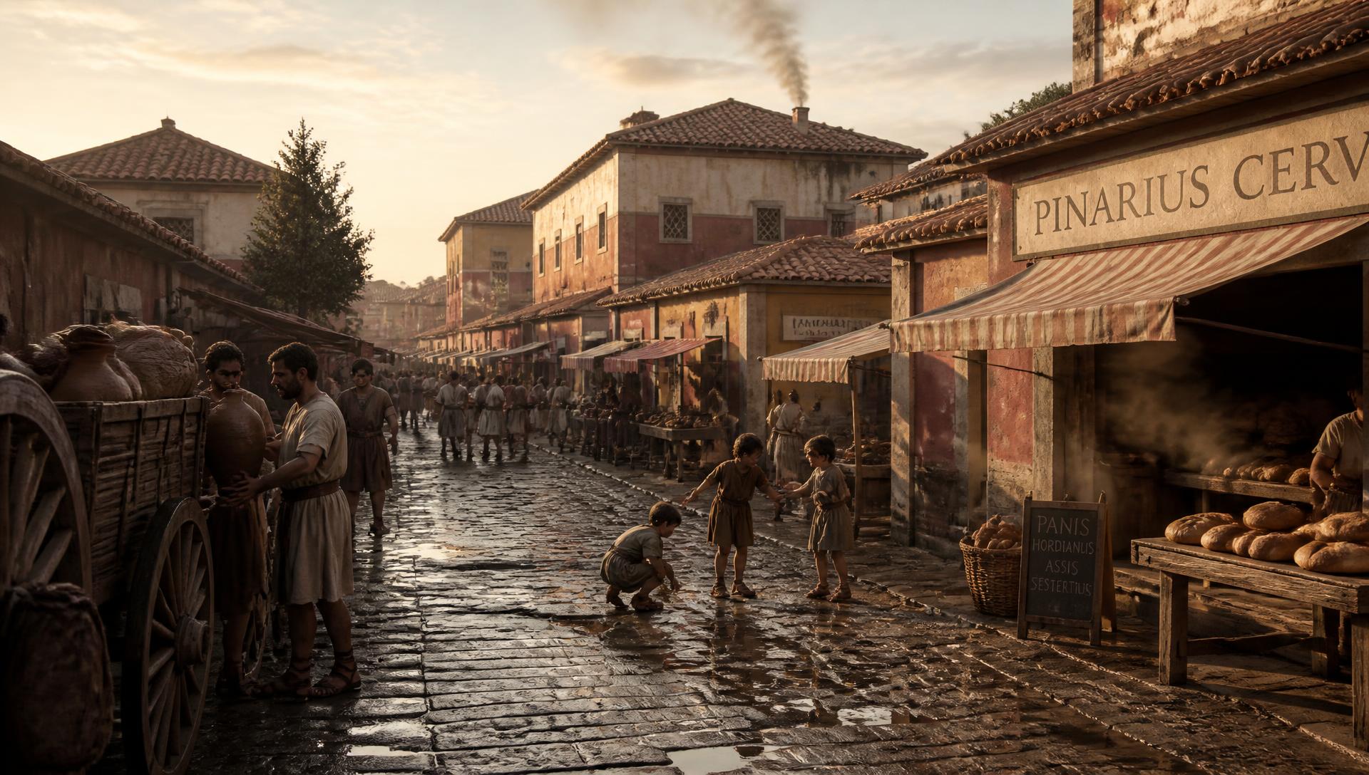 A Roman street at dawn in AD 120: market stalls opening, smoke rising, children playing on wet cobbles