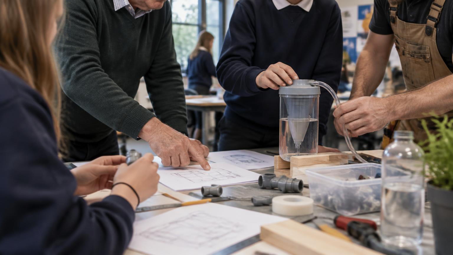 Young people, an engineer and a tradesperson working on a practical water prototype