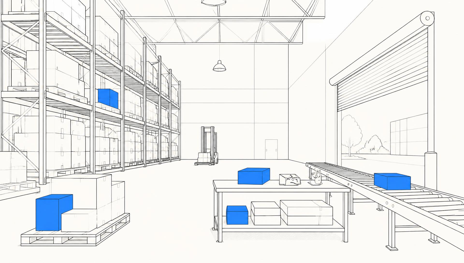 Line illustration of a warehouse with racking, a packing bench and a conveyor